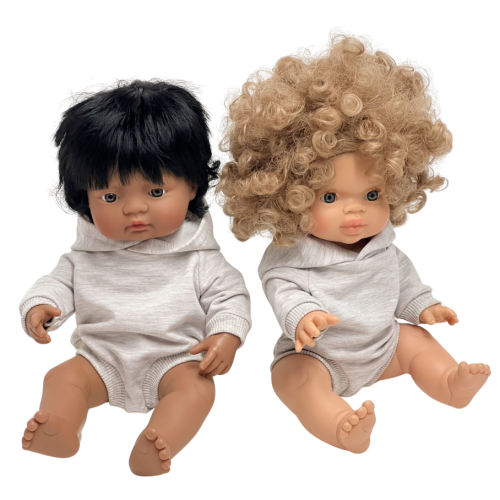 Bluza romper z kapturem dla lalki Miniland 38 cm, Paola Reina 34 cm i Minikane 34 cm - beż
