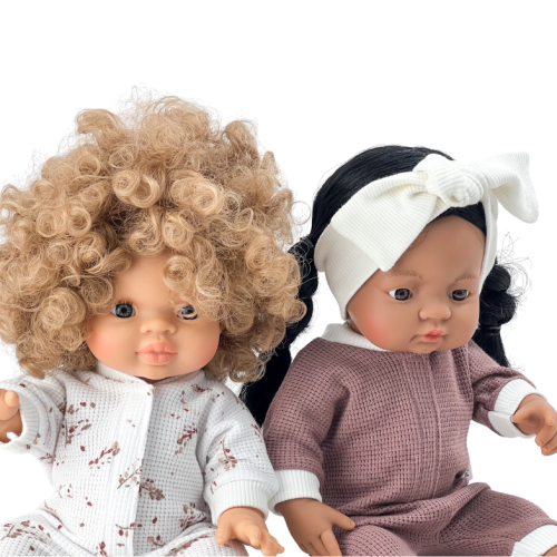 Kombinezon piżamka dla lalki Miniland 38 cm, Paola Reina 34 cm i Minikane 34 cm - zgaszony fiolet, zapinany z przodu na rzep