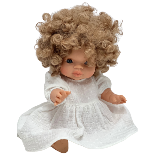 Sukienka z białego muślinu plumeti dla lalki Miniland 38 cm, Paola Reina 34 cm i Minikane 34 cm, zapinana na rzep