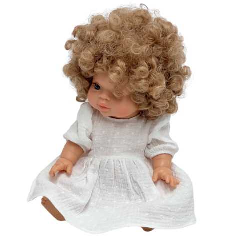 Sukienka z białego muślinu plumeti dla lalki Miniland 38 cm, Paola Reina 34 cm i Minikane 34 cm, zapinana na rzep