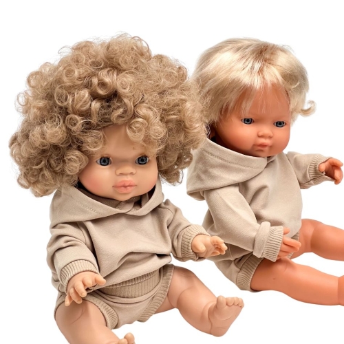 Komplet bluza z kapturem i krótkie spodenki dla lalki Miniland 38 cm, Paola Reina 34 cm i Minikane 34 cm - piaskowe