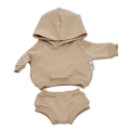 Komplet bluza z kapturem i krótkie spodenki dla lalki Miniland 38 cm, Paola Reina 34 cm i Minikane 34 cm - piaskowe