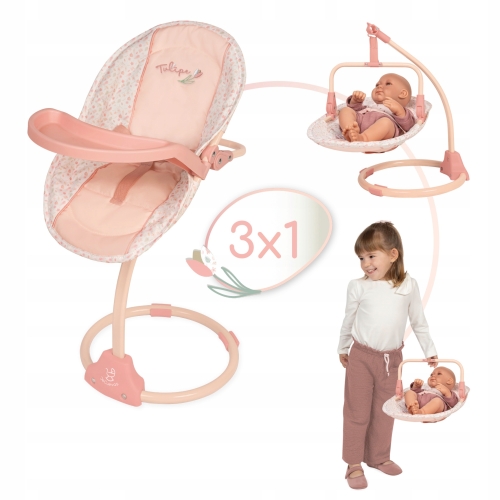 DeCuevas Toys Krzesełko, huśtawka i nosidło 3w1 dla lalki do 50 cm 51574 Tulipe