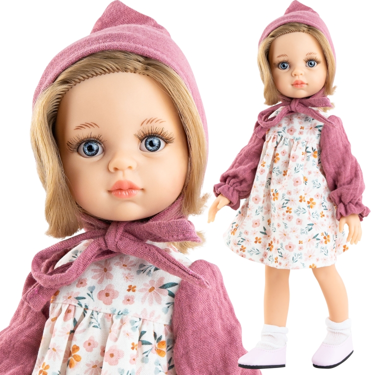 Lalka Hiszpańska 32 cm Paola Reina Amigas 04690 Carla, klasyczna, cała z winylu, niebieskie oczy, blond włosy, sukienka, wiązana czapeczka, majteczki, skarpetki, buciki