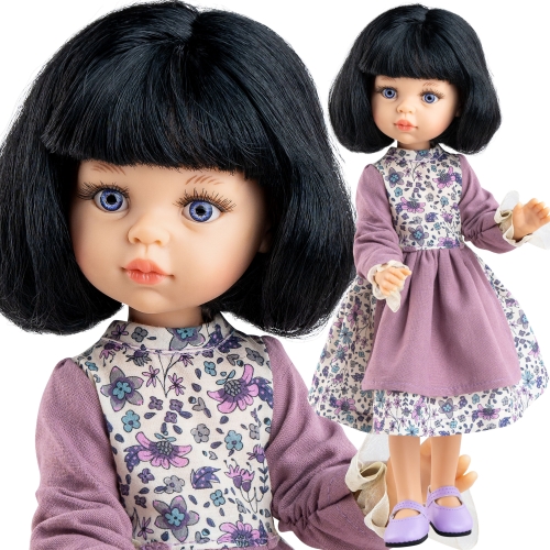 Lalka Hiszpańska 32 cm Paola Reina Amigas 04868 Carina, klasyczna, cała z winylu, przegubowa ruchome stawy, niebieskie oczy, czarne włosy z grzywką, długość do ramion, fioletowa sukienka w kwiatuszki, majteczki, buciki
