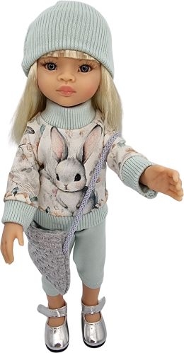 Komplet dla lalki Paola Reina Amigas 32 cm, w kolorach błękitu, szarego i mięty, bluza dresowa w kwiaty z królikiem zapinana z tyłu na rzep, spodenki, czapeczka, torebka