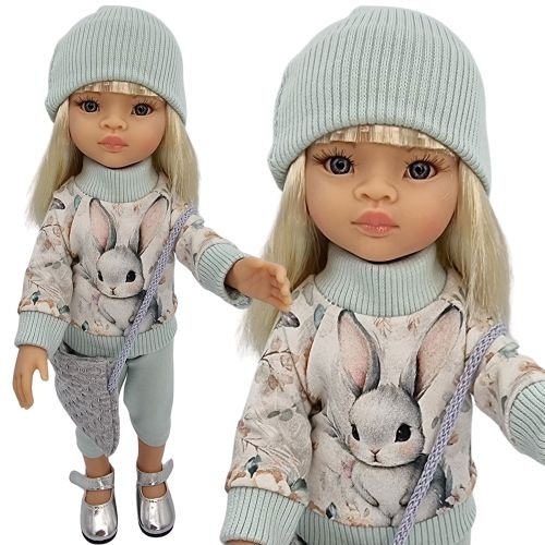 Komplet dla lalki Paola Reina Amigas 32 cm, w kolorach błękitu, szarego i mięty, bluza dresowa w kwiaty z królikiem zapinana z tyłu na rzep, spodenki, czapeczka, torebka