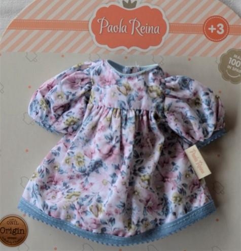 Oryginalne ubranko Paola Reina dla lalki 32 cm Amigas 54691 sukienka w kwiatuszki z bufiastymi rękawkami, rajstopki w paseczki