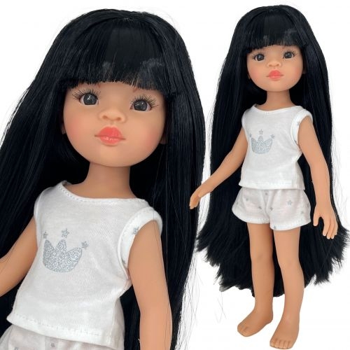 Lalka Hiszpańska 32 cm Paola Reina Amigas 13235 Liu w piżamce, proste długie czarne włosy z grzywką, ciemne oczy