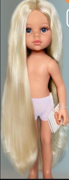 Lalka Hiszpańska 32 cm Paola Reina Amigas 14866 Olena, klasyczna, cała z winylu, w majteczkach, bez ubranka, proste długie jasnoblond włosy do kostek, niebieskie oczy
