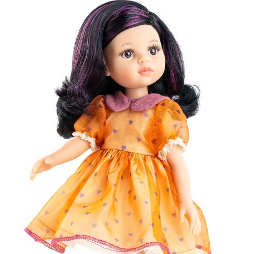 Lalka Hiszpańska 32 cm Paola Reina Amigas 04692 Carina, klasyczna, cała z winylu, brązowe oczy, czarne włosy z fioletowymi pasemkami, pomarańczowa sukienka, pomarańczowe buciki, majteczki