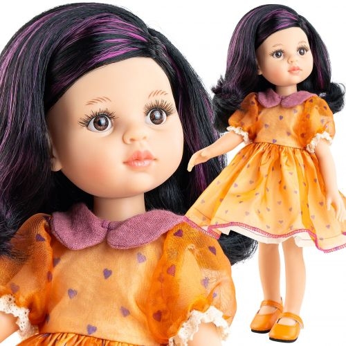 Lalka Hiszpańska 32 cm Paola Reina Amigas 04692 Carina, klasyczna, cała z winylu, brązowe oczy, czarne włosy z fioletowymi pasemkami, pomarańczowa sukienka, pomarańczowe buciki, majteczki