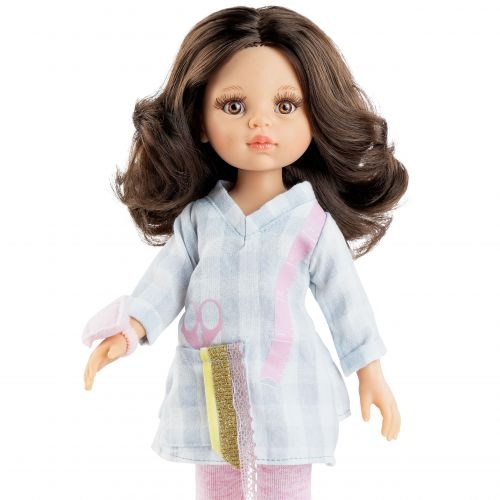 Lalka Hiszpańska 32 cm Paola Reina Amigas 04707 Carol krawcowa, klasyczna, cała z winylu, brązowe oczy, brązowe włosy, tunika, różowe legginsy, wiązane buciki