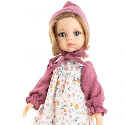 Lalka Hiszpańska 32 cm Paola Reina Amigas 04690 Carla, klasyczna, cała z winylu, niebieskie oczy, blond włosy, sukienka, wiązana czapeczka, majteczki, skarpetki, buciki