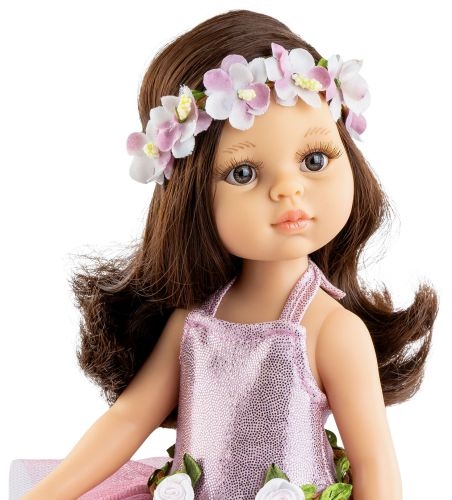 Lalka Hiszpańska 32 cm Paola Reina Amigas 04446 Carol baletnica, klasyczna, cała z winylu, brązowe oczy, brązowe włosy, strój baletnicy: różowe body baletowe z tiulem, wianek opaska na głowę, rajstopki, buciki z kwiatuszkiem