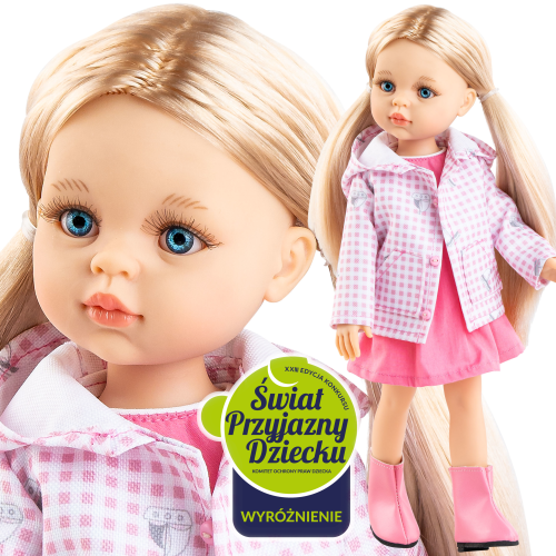 Lalka Hiszpańska 32 cm Paola Reina Amigas 04685 Rosa, klasyczna, cała z winylu, niebieskie oczy, jasnoblond perłowe włosy spięte w dwa kucyki, różowa kurteczka z kapturem i kieszeniami, różowa sukienka, majteczki, różowe botki