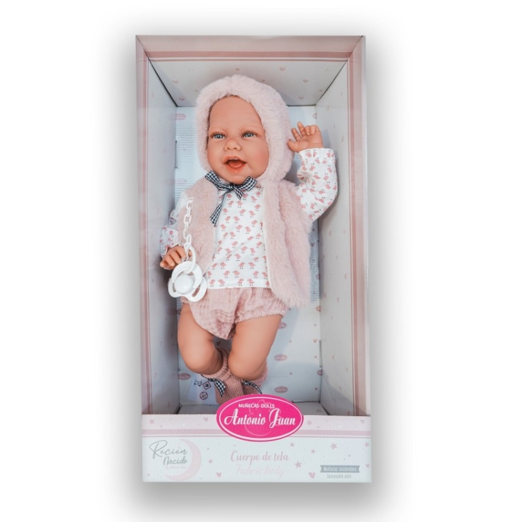 Lalka Hiszpańska 42 cm Antonio Juan 33013 Carla, bobas miękki brzuszek, rączki i nóżki na ruchomych stawach, co pozwala na posadzenie laleczki, uśmiechnięta, widoczny języczek i ząbki, w ubranku, smoczek