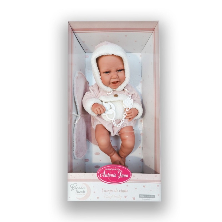 Lalka Hiszpańska 42 cm Antonio Juan 50395 Carla, bobas cały z winylu, dziewczynka, bez włosów, rzęsy, w ubranku, smoczek, buteleczka, podusia motylek