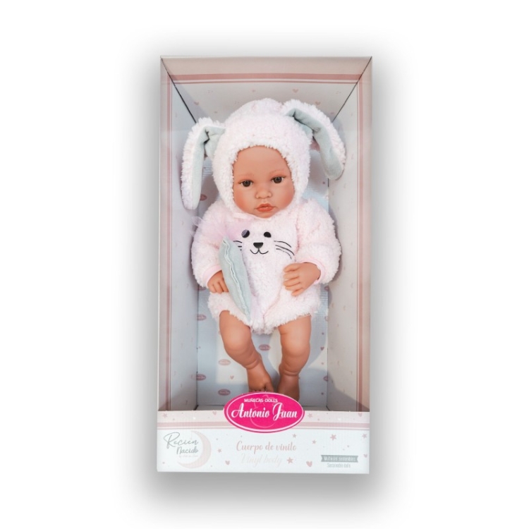 Lalka Hiszpańska 42 cm Antonio Juan 50419 Erika, bobas cały z winylu, dziewczynka, bez włosów, rzęsy, w ubranku, smoczek, zabawka pluszowa marchewka