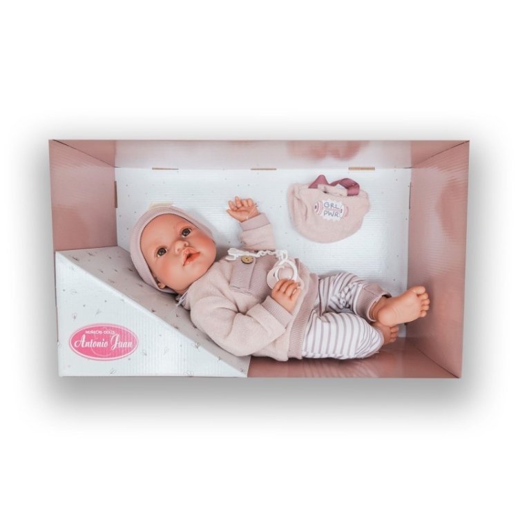 Lalka Hiszpańska 42 cm Antonio Juan 33391 Erika, bobas miękki brzuszek, dziewczynka, bez włosów, rzęsy, w ubranku, smoczek, torebka