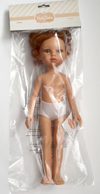 Lalka Hiszpańska 32 cm Paola Reina Amigas 14442 Cristi, klasyczna, cała z winylu, w majteczkach, bez ubranka, zielone oczy, piegi na buzi, rude falowane włosy spięte w dwa koczki