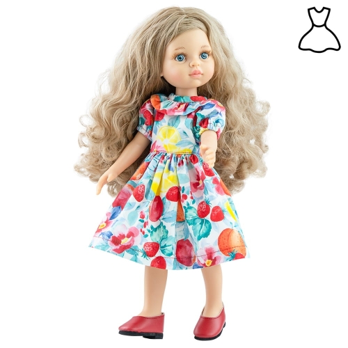 Oryginalne ubranko Paola Reina dla lalki 32 cm Amigas 54466_1 sukienka w kolorowe wzory z bufiastymi rękawkami, majteczki