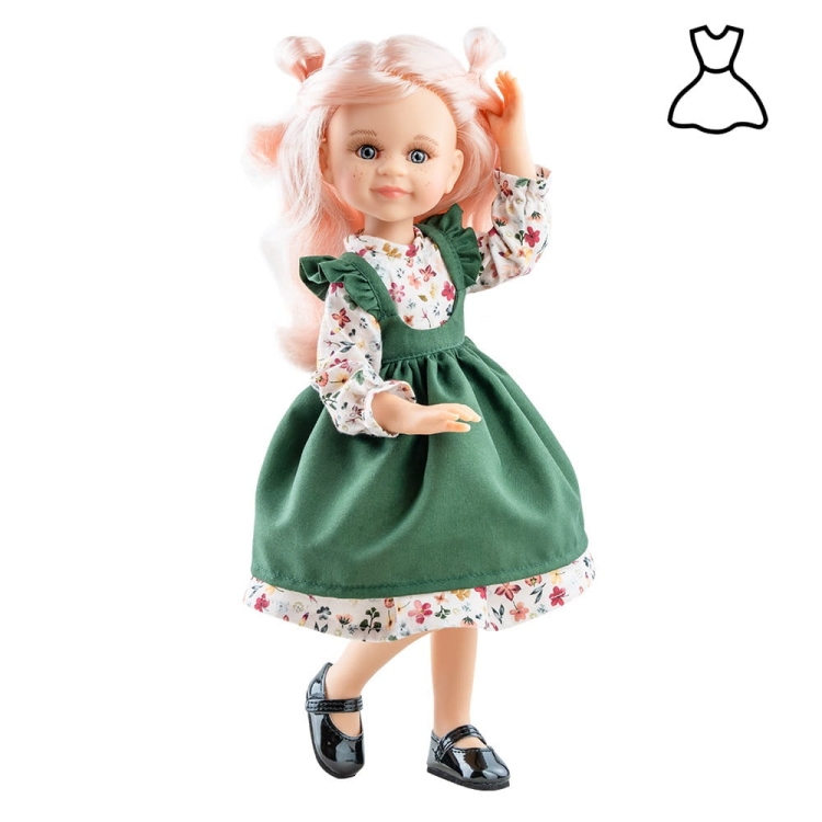 Oryginalne ubranko Paola Reina dla lalki 32 cm Amigas 54853_1, sukienka w kwiatuszki, zielona sukienka ogrodniczka, majteczki