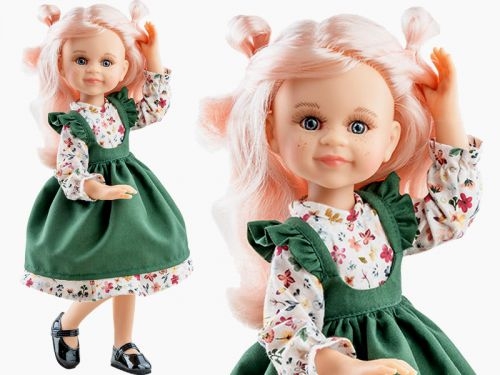 Oryginalne ubranko Paola Reina dla lalki 32 cm Amigas 54853_1, sukienka w kwiatuszki, zielona sukienka ogrodniczka, majteczki