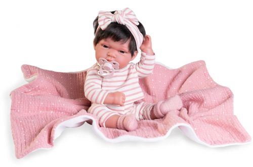 Lalka Hiszpańska 33 cm Antonio Juan 60146 Baby Toneta, bobas cały z winylu, dziewczynka, ciemne krótkie włosy, ubranko, smoczek, dwustronny kocyk