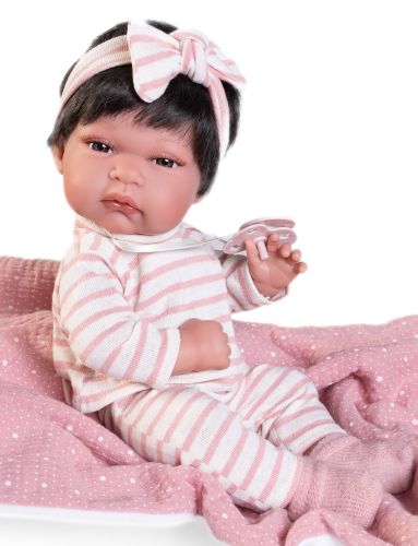 Lalka Hiszpańska 33 cm Antonio Juan 60146 Baby Toneta, bobas cały z winylu, dziewczynka, ciemne krótkie włosy, ubranko, smoczek, dwustronny kocyk