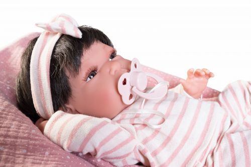 Lalka Hiszpańska 33 cm Antonio Juan 60146 Baby Toneta, bobas cały z winylu, dziewczynka, ciemne krótkie włosy, ubranko, smoczek, dwustronny kocyk