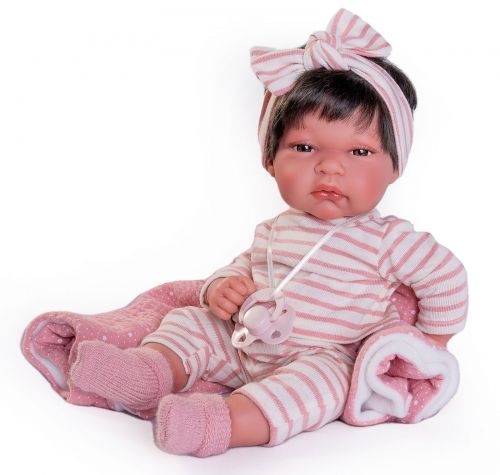 Lalka Hiszpańska 33 cm Antonio Juan 60146 Baby Toneta, bobas cały z winylu, dziewczynka, ciemne krótkie włosy, ubranko, smoczek, dwustronny kocyk