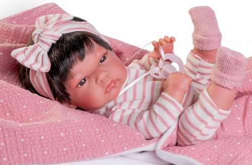 Lalka Hiszpańska 33 cm Antonio Juan 60146 Baby Toneta, bobas cały z winylu, dziewczynka, ciemne krótkie włosy, ubranko, smoczek, dwustronny kocyk