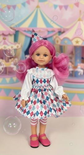 Lalka Hiszpańska 32 cm Paola Reina Amigas 04415 Cleo, klasyczna, cała z winylu, niebieskie oczy, różowe włosy, sukienka, legginsy, buciki