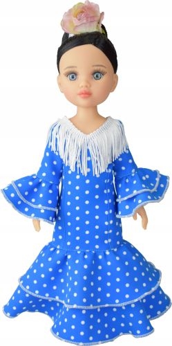 Lalka Hiszpańska 32 cm Paola Reina Amigas 04414 Carmen Flamenca, klasyczna, cała z winylu, niebieskie oczy, czarne włosy spięte w kok, długa niebieska sukienka z falbanami, buciki