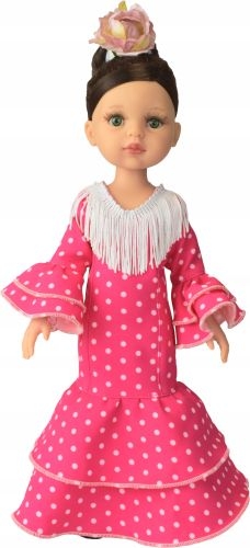 Lalka Hiszpańska 32 cm Paola Reina Amigas 04413 Carol  Flamenca, klasyczna, cała z winylu, zielone oczy, brązowe włosy spięte w kok, długa różowa sukienka z falbanami, buciki