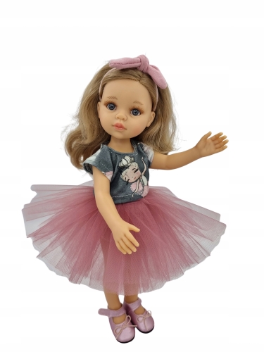 Komplet dla lalki Paola Reina Amigas 32 cm, bluzeczka dresowa z baletnicą zapinana z tyłu na rzep, spódniczka tiulowa różowa, opaska na głowę