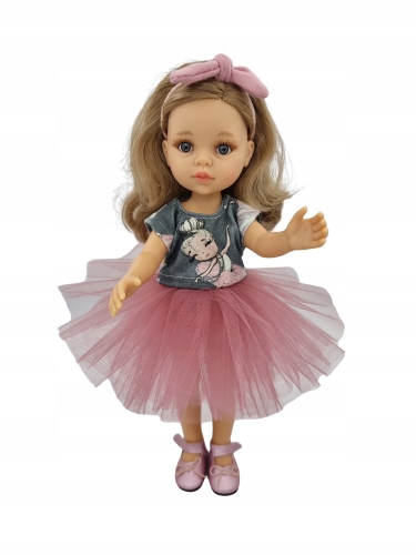 Komplet dla lalki Paola Reina Amigas 32 cm, bluzeczka dresowa z baletnicą zapinana z tyłu na rzep, spódniczka tiulowa różowa, opaska na głowę