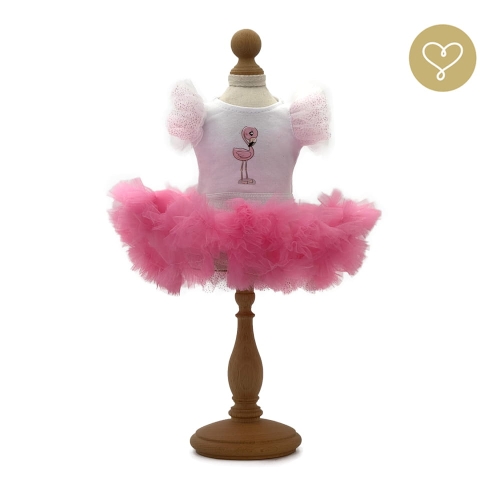 Strój Florka dla lalki 38 cm Lullu Dolls, bawełniana koszulka z tiulowymi rękawkami i aplikacją flaminga, różowa tiulowa spódniczka pettiskirt