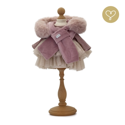 Strój Natasza dla lalki 38 cm Lullu Dolls, welurowa sukienka z tiulową falbanką, welurowy szaliko-kaptur z króliczymi uszkami wykończony futerkiem