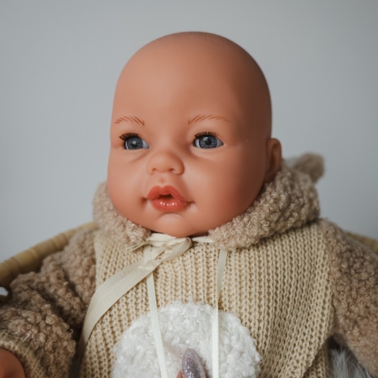 Lalka Hiszpańska 37 cm Antonio Juan 14364 Bimba, bobas miękki brzuszek, płacze, zamyka oczy, rzęsy, w ubranku, kocyk przytulanka, smoczek