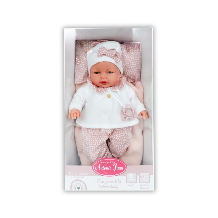 Lalka Hiszpańska 37 cm Antonio Juan 14363 Bimba, bobas miękki brzuszek, płacze, zamyka oczy, rzęsy, w ubranku, smoczek, poduszeczka z pomponikami