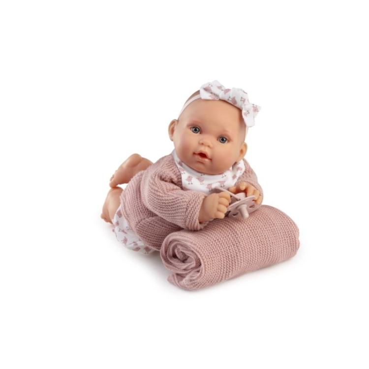 Lalka Hiszpańska 27 cm Antonio Juan 11325 Kika, bobas miękki brzuszek, płacze, mówi mama papa, bez włosów, w ubranku, magnetyczny smoczek, kocyk