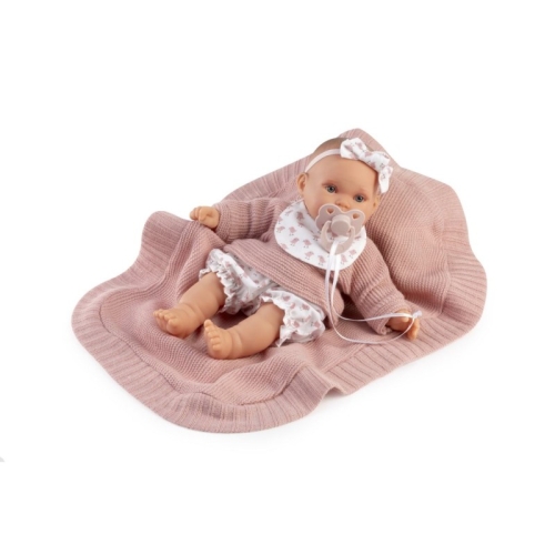 Lalka Hiszpańska 27 cm Antonio Juan 11325 Kika, bobas miękki brzuszek, płacze, mówi mama papa, bez włosów, w ubranku, magnetyczny smoczek, kocyk