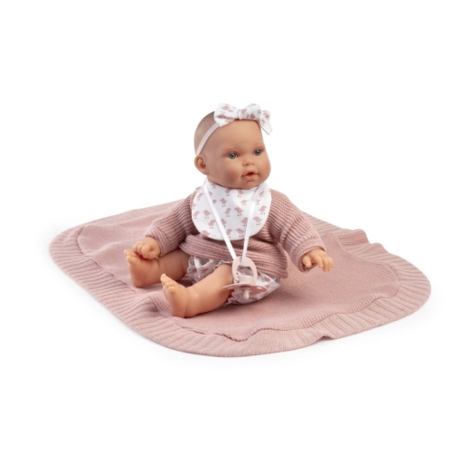 Lalka Hiszpańska 27 cm Antonio Juan 11325 Kika, bobas miękki brzuszek, płacze, mówi mama papa, bez włosów, w ubranku, magnetyczny smoczek, kocyk