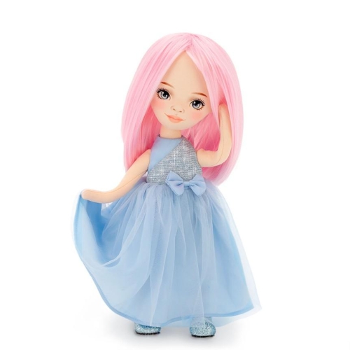 Lalka Sweet Sisters Bilie 32 cm Orange Toys, szmaciana z endoszkieletem, twarz nadrukowana cyfrowo, różowe włosy, długa, niebieska, satynowa sukienka z brokatowym gorsetem i tiulowym dołem, brokatowe buciki