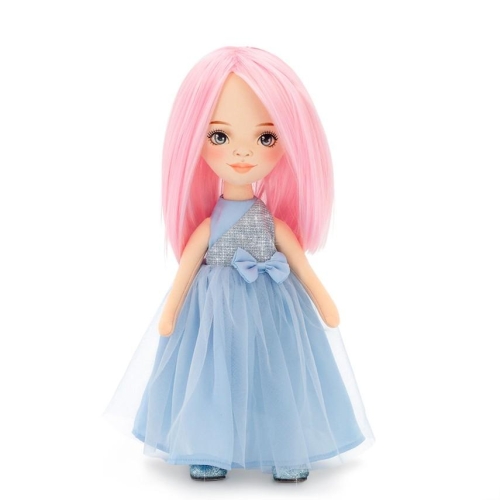 Lalka Sweet Sisters Bilie 32 cm Orange Toys, szmaciana z endoszkieletem, twarz nadrukowana cyfrowo, różowe włosy, długa, niebieska, satynowa sukienka z brokatowym gorsetem i tiulowym dołem, brokatowe buciki