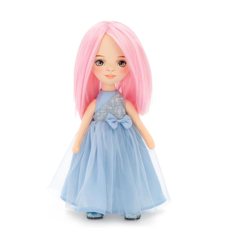 Lalka Sweet Sisters Bilie 32 cm Orange Toys, szmaciana z endoszkieletem, twarz nadrukowana cyfrowo, różowe włosy, długa, niebieska, satynowa sukienka z brokatowym gorsetem i tiulowym dołem, brokatowe buciki