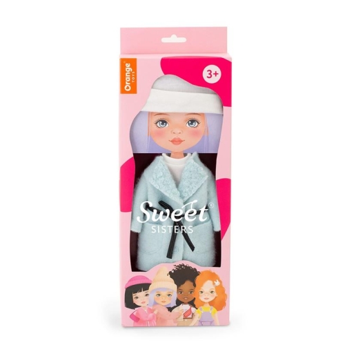 Oryginalne ubranko dla lalki Sweet Sisters 32 cm Orange Toys, biała czapeczka, jasnoniebieski płaszczyk, bluzeczka, jasnoszare spodnie