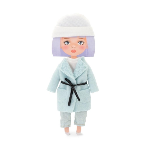 Oryginalne ubranko dla lalki Sweet Sisters 32 cm Orange Toys, biała czapeczka, jasnoniebieski płaszczyk, bluzeczka, jasnoszare spodnie